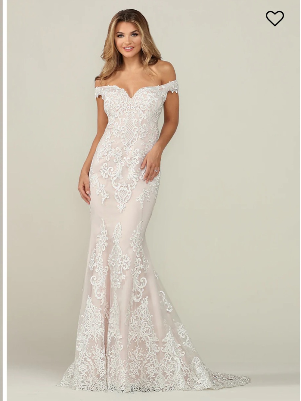 Avery Austin Bridals Off-Shoulder Lace Mermaid Wedding Dress in Blush and White